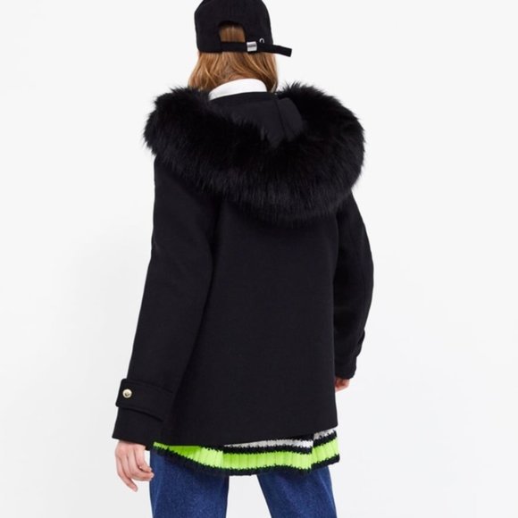 ❤️ LAST ♥️ NWT ZARA BLACK WOOL OVERCOAT WITH FAUX FUR HOOD - Picture 9 of 14